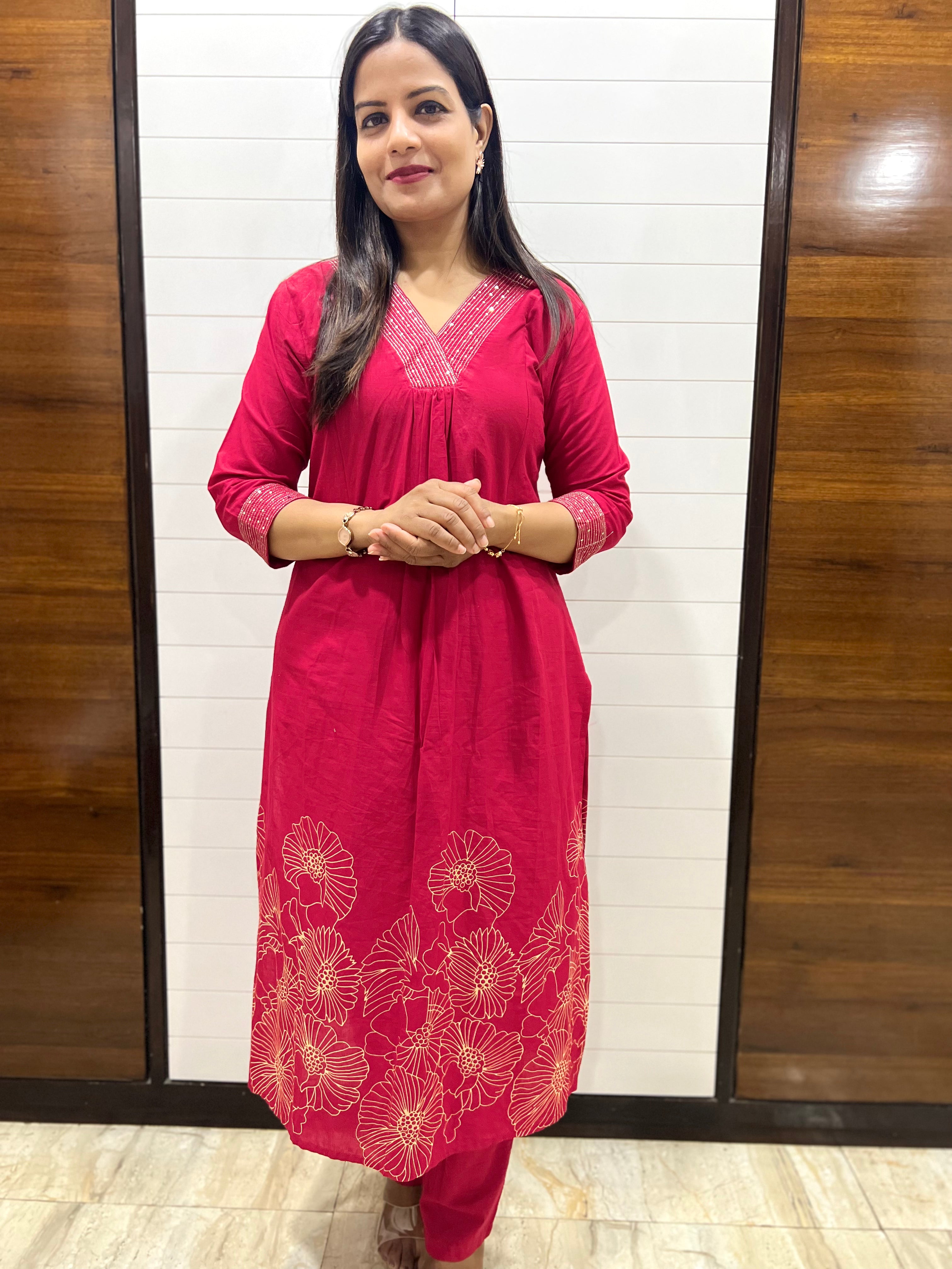 Red Pure Cotton Embroidered Feeding Suit Set