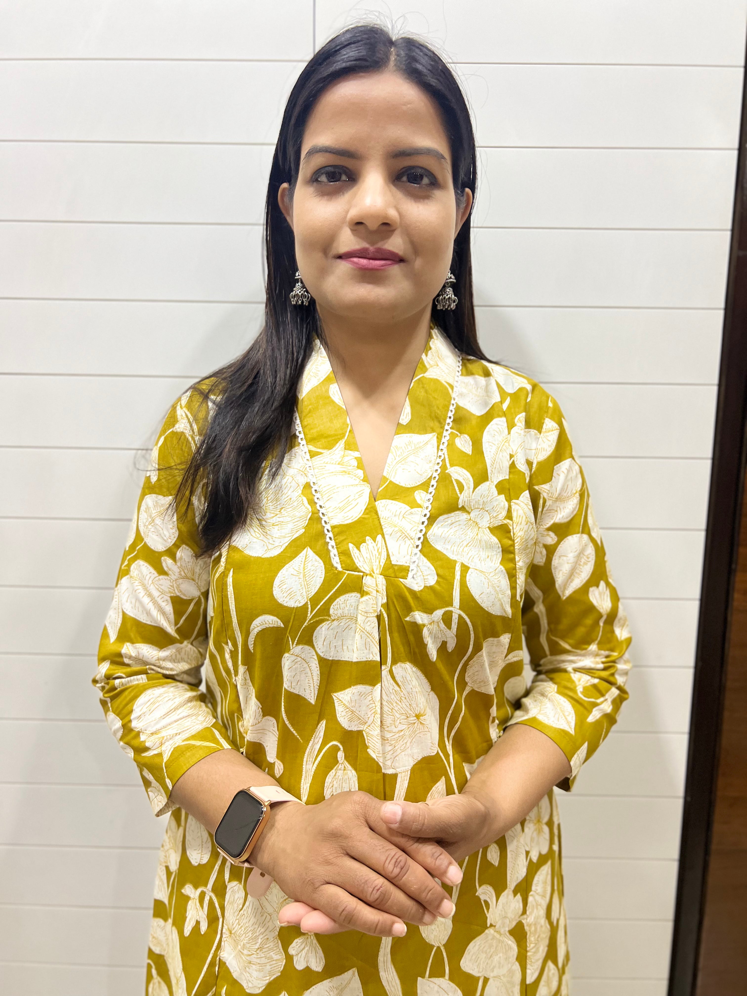 Mumzhug Mustard Pure Cotton Jaipuri Print Flared Feeding Kurta and Pant Set