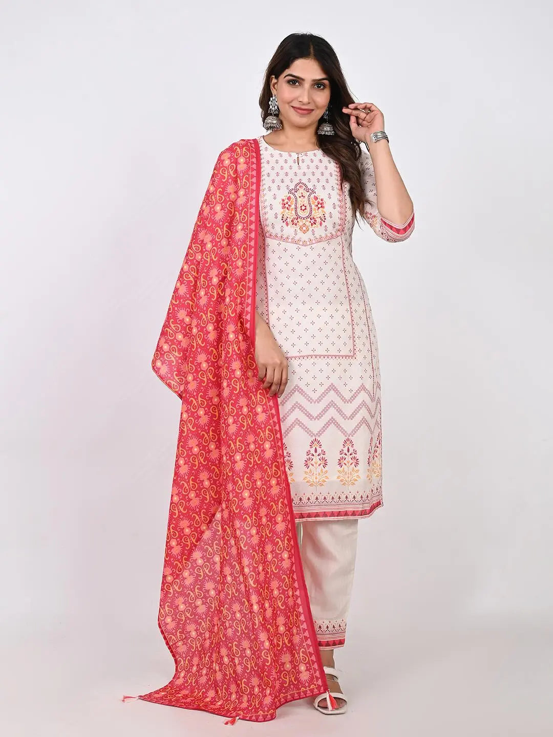 COTTON PANNEL PRINT EMBROIDED KURTA PANT AND DUPATTA SET Kavita Gupta