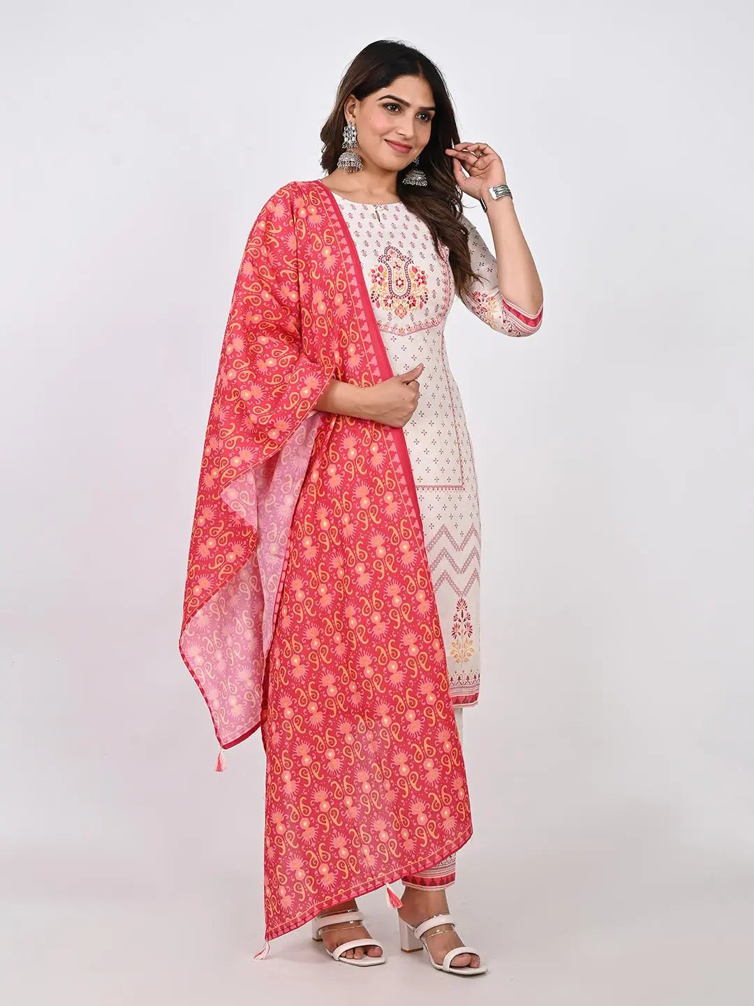 COTTON PANNEL PRINT EMBROIDED KURTA PANT AND DUPATTA SET Kavita Gupta