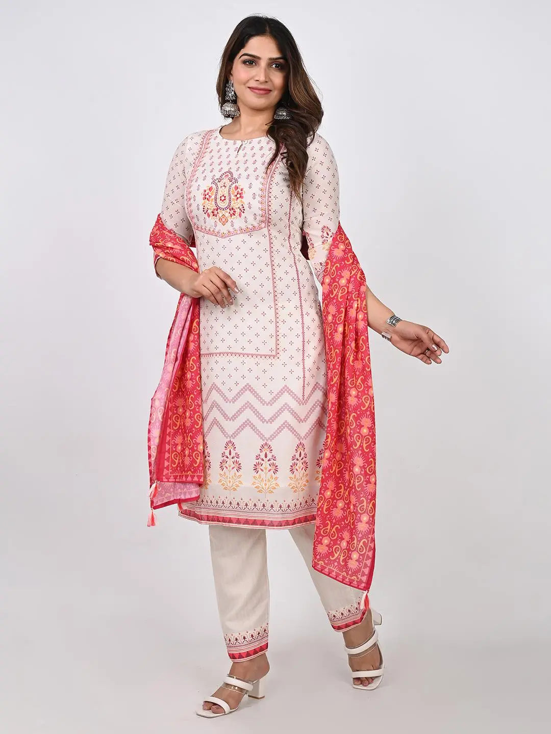 COTTON PANNEL PRINT EMBROIDED KURTA PANT AND DUPATTA SET Kavita Gupta