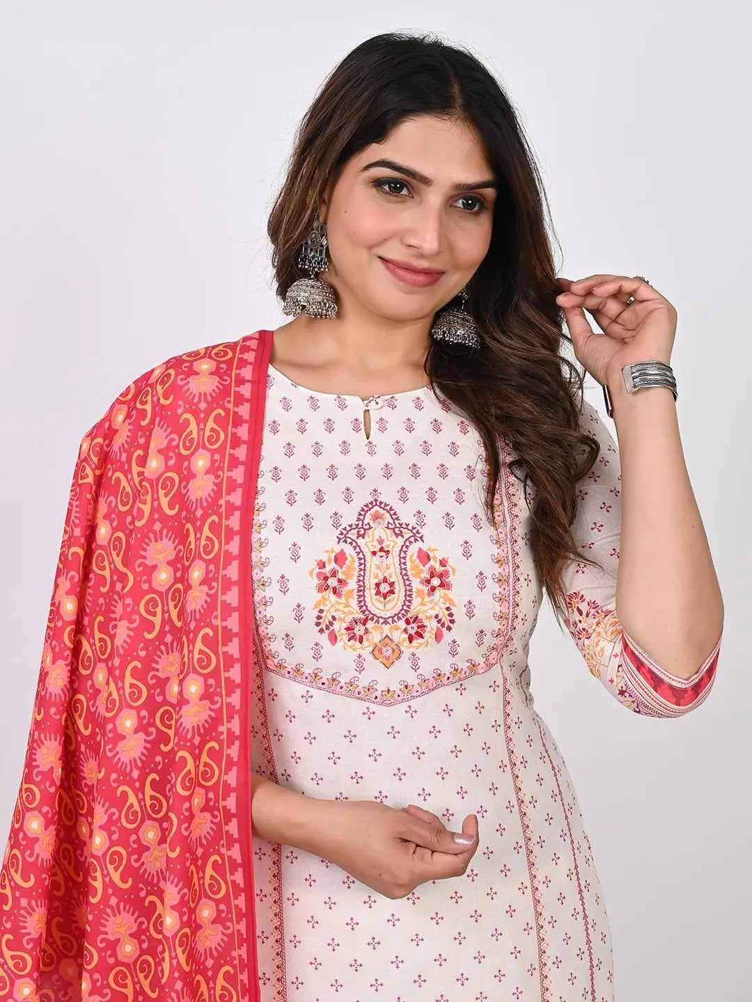 COTTON PANNEL PRINT EMBROIDED KURTA PANT AND DUPATTA SET Kavita Gupta