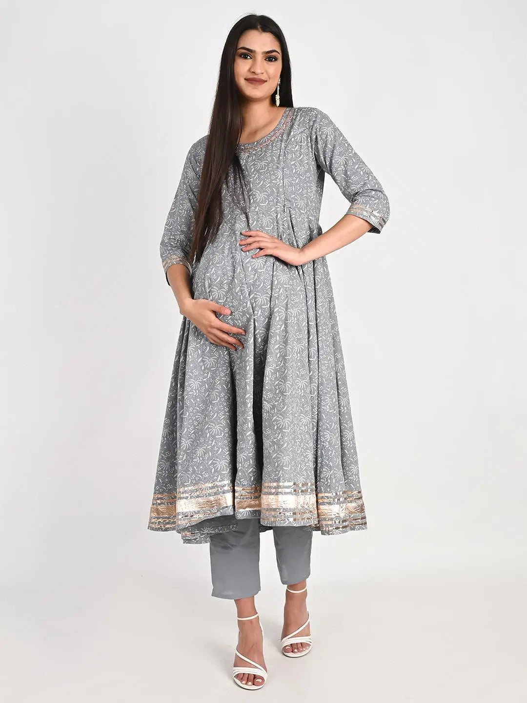 MUMZHUG Cotton Printed FLIAIRED Anarkali with Lining Attached, Pallazo and Dupatta for Feeding and Maternity Purpose mumzhug