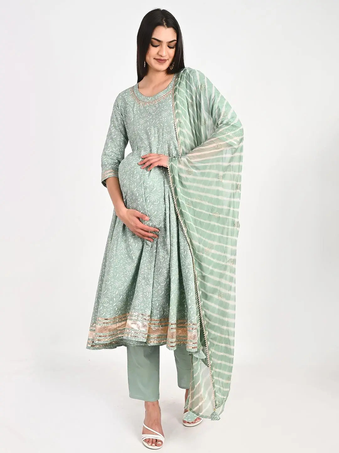 MUMZHUG Cotton Printed FLIAIRED Anarkali with Lining Attached, Pallazo and Dupatta for Feeding and Maternity Purpose. mumzhug