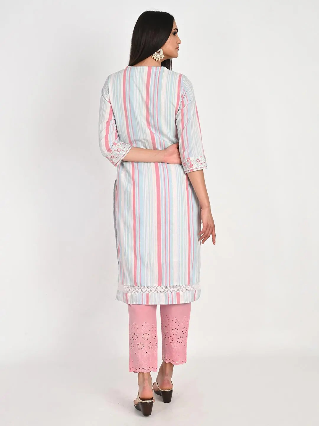 Cotton Lurex Kurta With Thread And Sequin Embroidery With Schiffli Pallazo And Duptta For Feeding And Maternity Purpose mumzhug