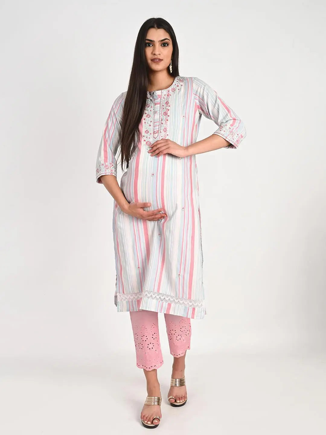 Cotton Lurex Kurta With Thread And Sequin Embroidery With Schiffli Pallazo And Duptta For Feeding And Maternity Purpose mumzhug