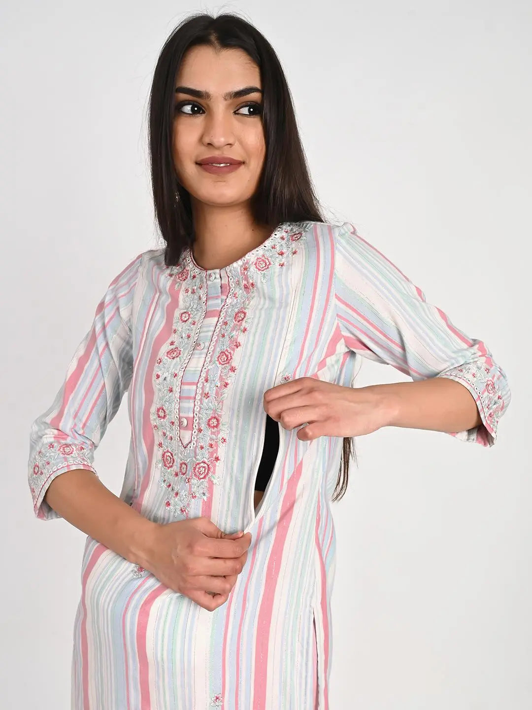 Cotton Lurex Kurta With Thread And Sequin Embroidery With Schiffli Pallazo And Duptta For Feeding And Maternity Purpose mumzhug