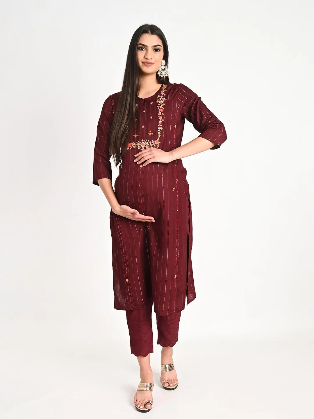 Plus sized Viscose rayon yarn dyed embroidered kurta pant and dupatta set for maternity and feeding purpose  mumzhug 