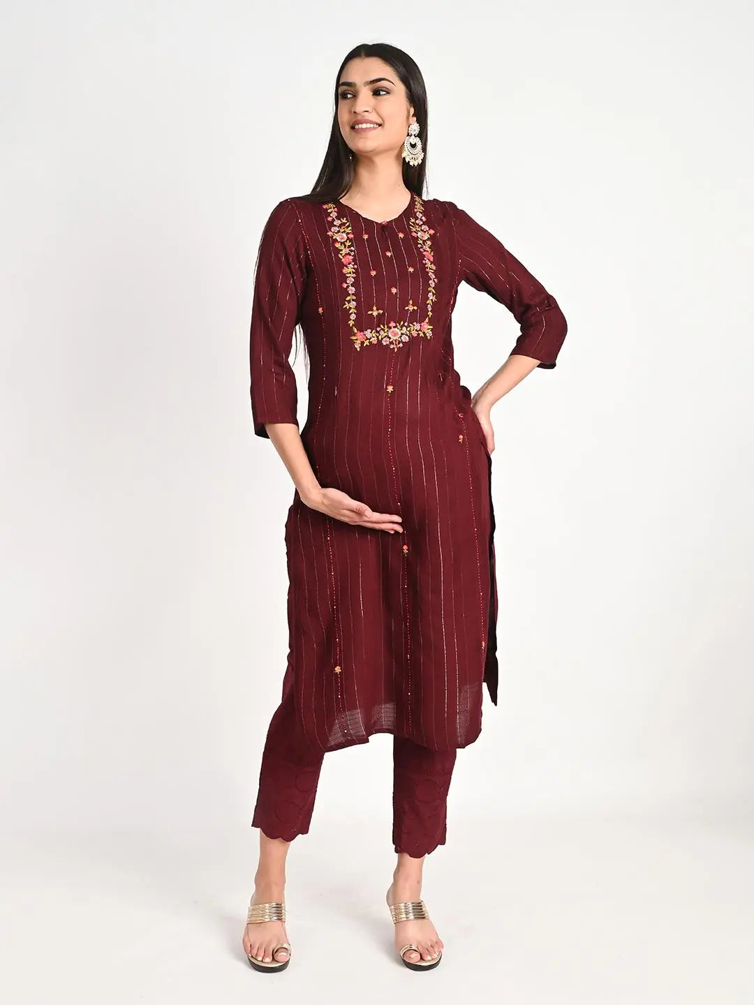 Viscose rayon yarn dyed embroidered kurta pant and dupatta set for maternity and feeding purpose mumzhug