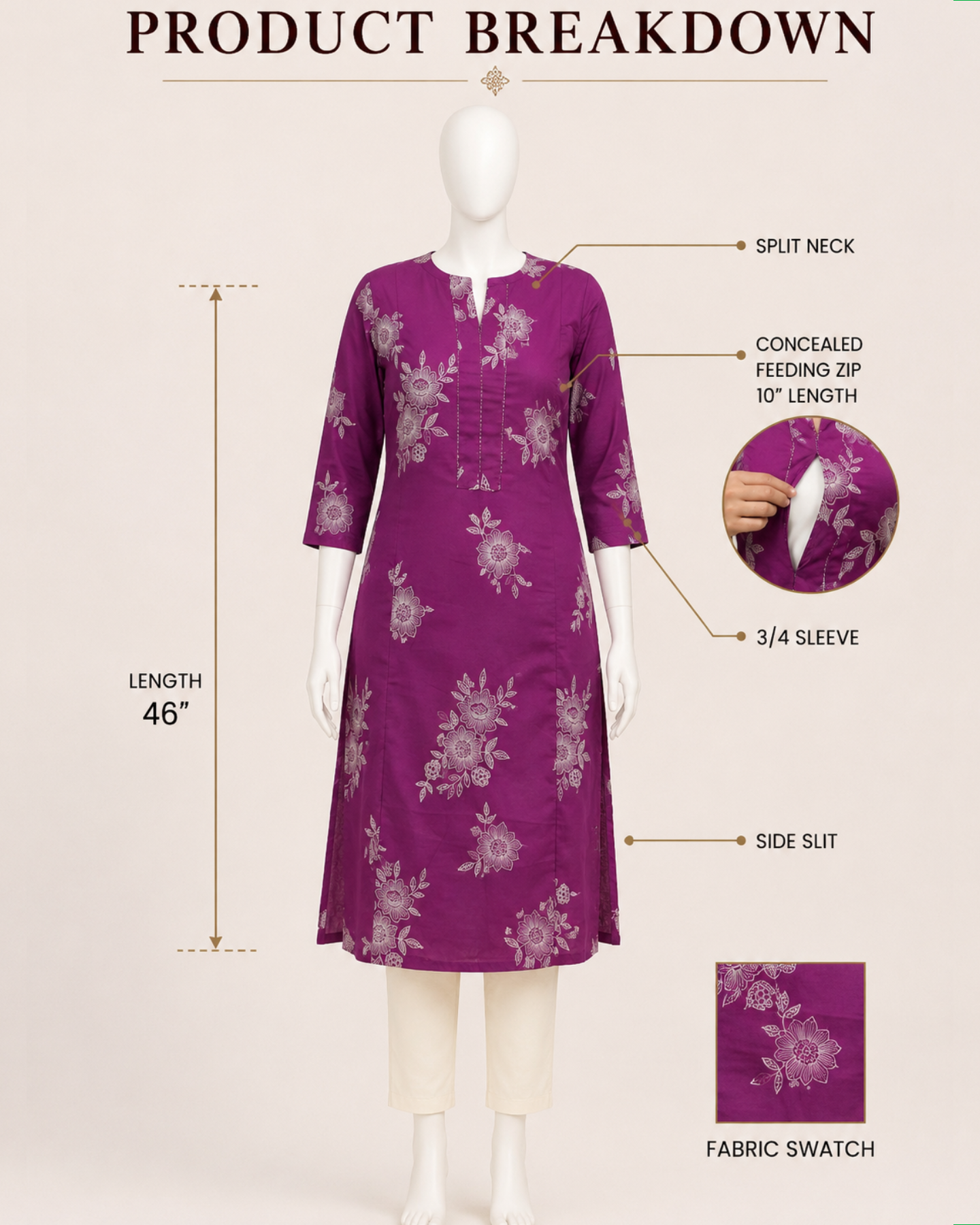 Mumzhug pure cotton jaipuri print wine colored feeding kurta
