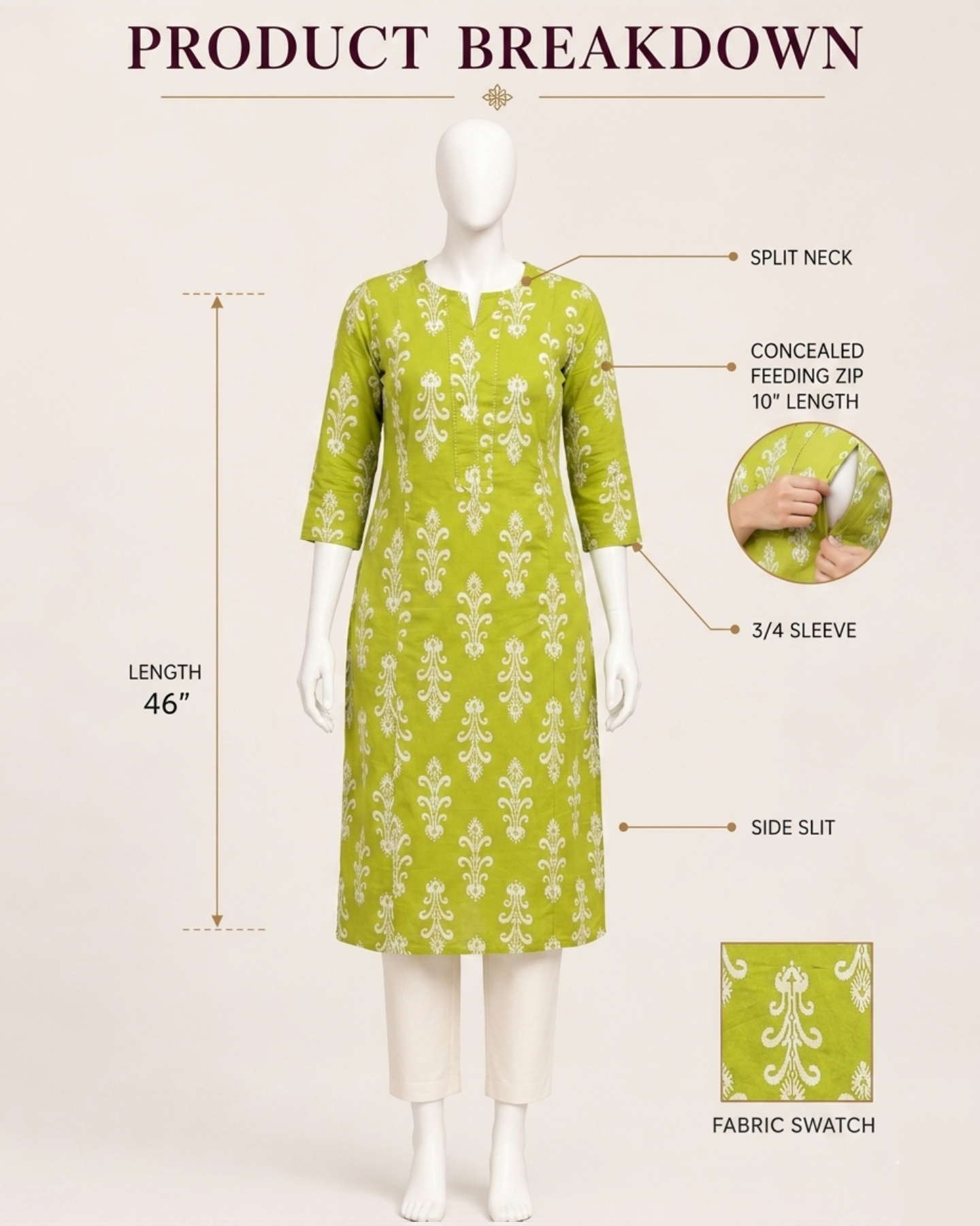 Mumzhug pure cotton jaipuri print green feeding kurta
