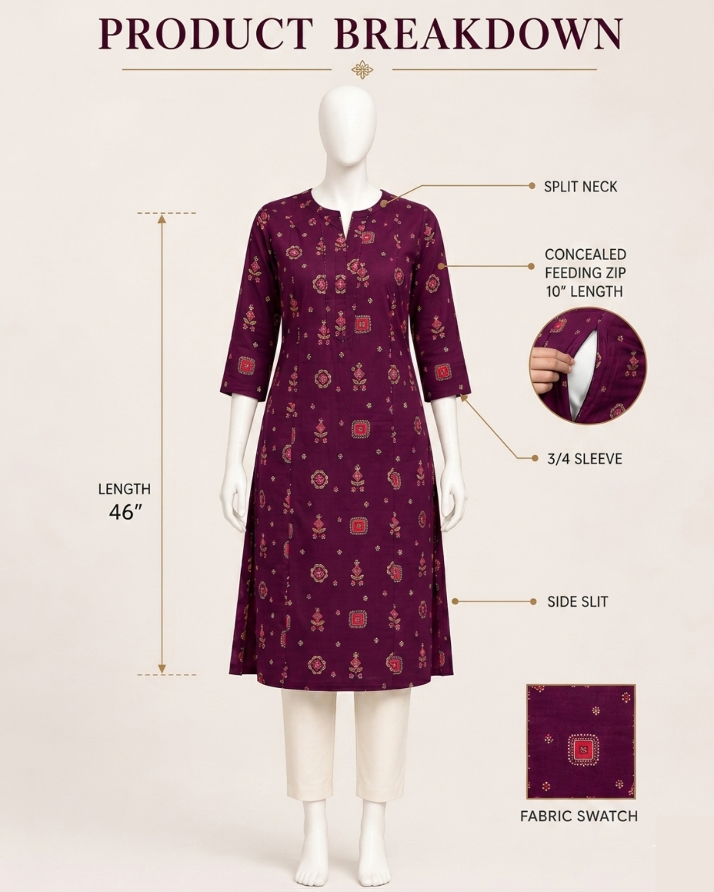 Mumzhug wine pure cotton print feeding kurta