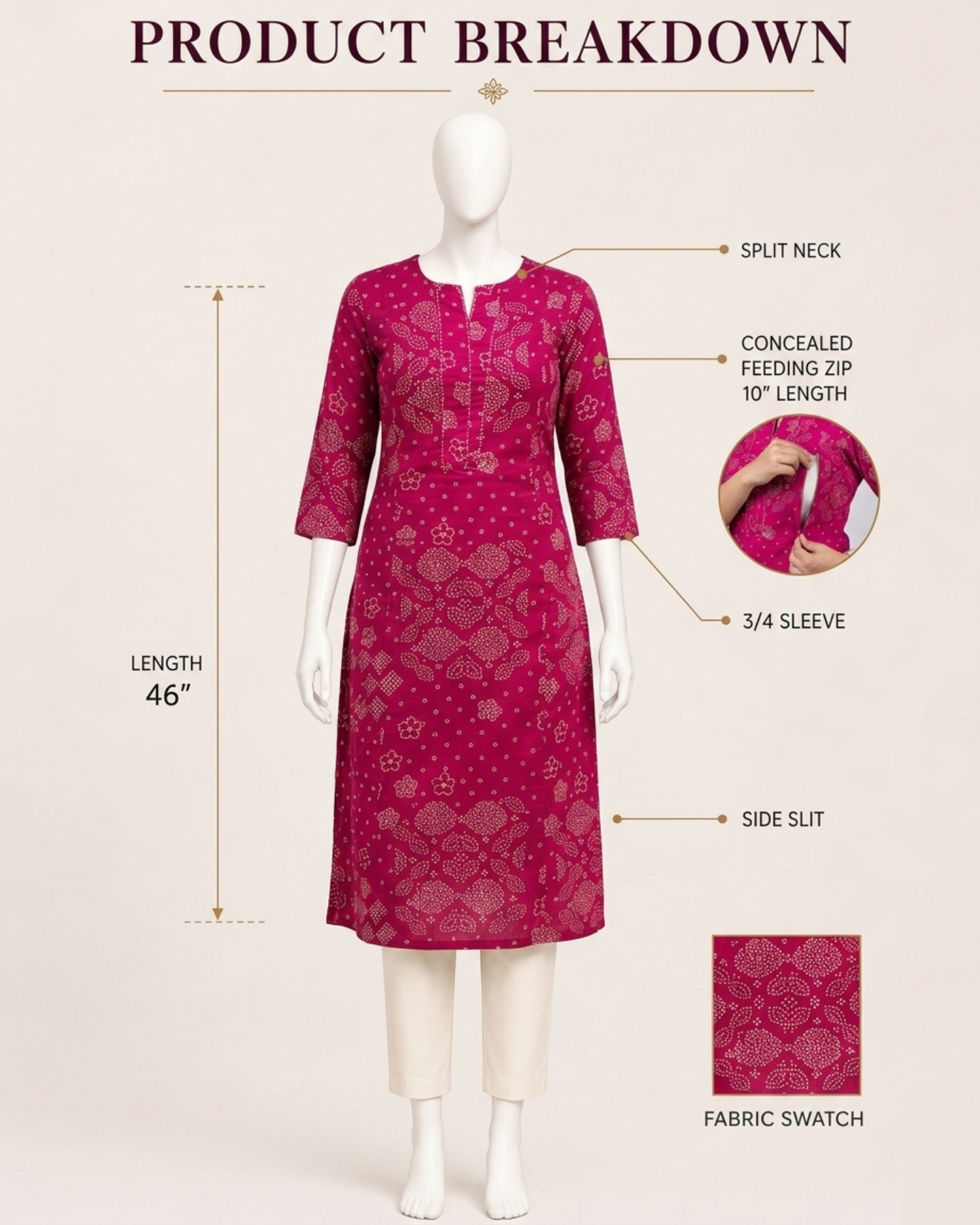 Mumzhug fuchsia pure cotton print feeding kurta