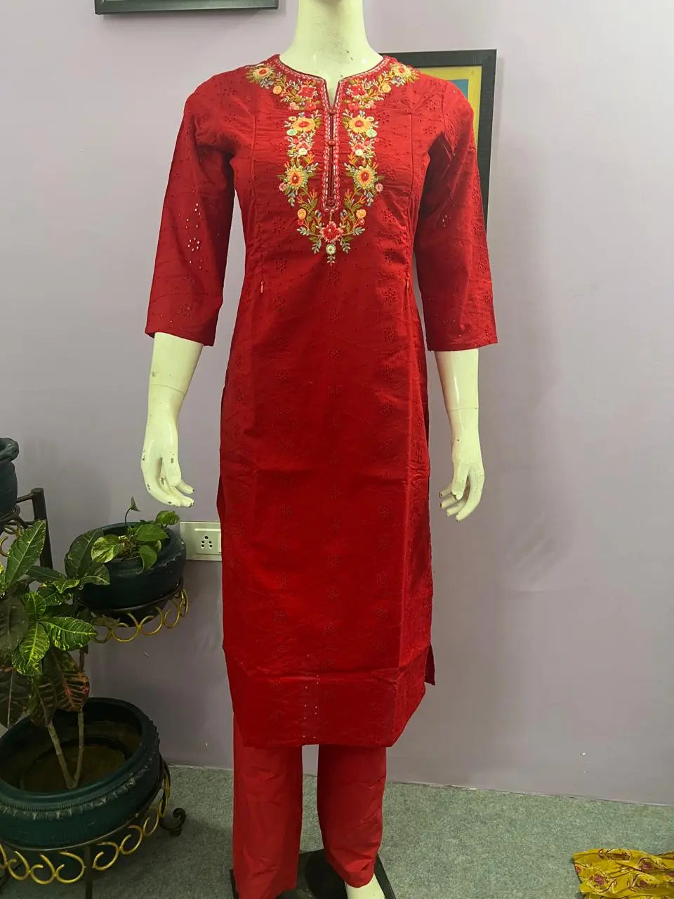 RED SCHIFFLI EMBROIDED KURTA PANT AND DUPATTA SET FOR FEEDING PURPOSE  mumzhug  Feeding suit set