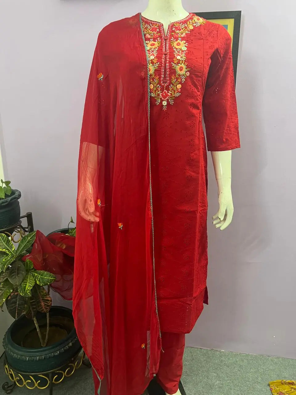 RED SCHIFFLI EMBROIDED KURTA PANT AND DUPATTA SET FOR FEEDING PURPOSE  mumzhug  Feeding suit set