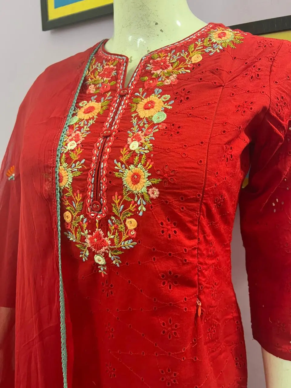 RED SCHIFFLI EMBROIDED KURTA PANT AND DUPATTA SET FOR FEEDING PURPOSE  mumzhug  Feeding suit set