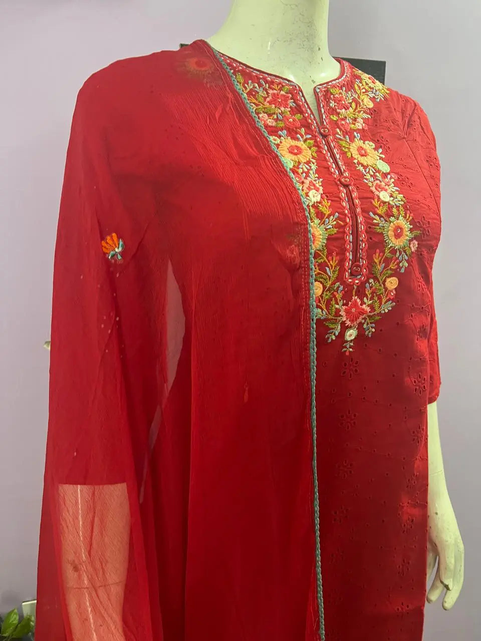 RED SCHIFFLI EMBROIDED KURTA PANT AND DUPATTA SET FOR FEEDING PURPOSE  mumzhug  Feeding suit set