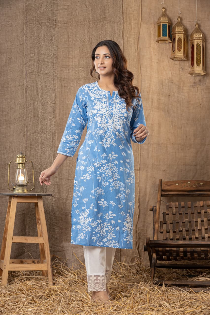 MUMZHUG Blue Meadow Pure Cotton Feeding Kurta & Pant Set