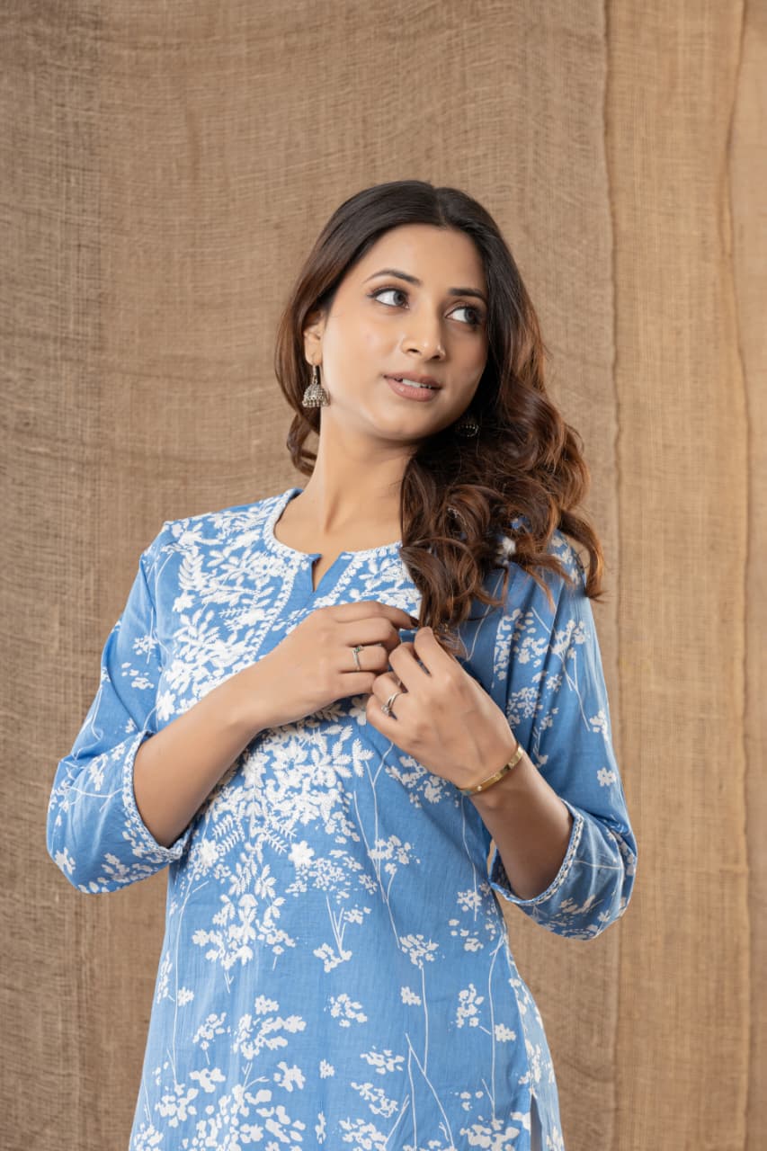 MUMZHUG Blue Meadow Pure Cotton Feeding Kurta & Pant Set