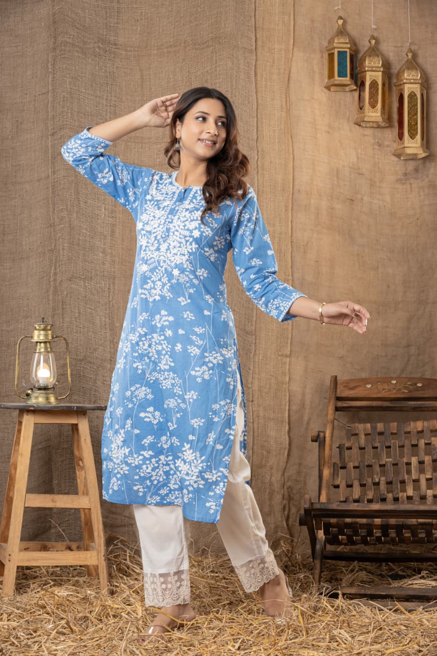 MUMZHUG Blue Meadow Pure Cotton Feeding Kurta & Pant Set