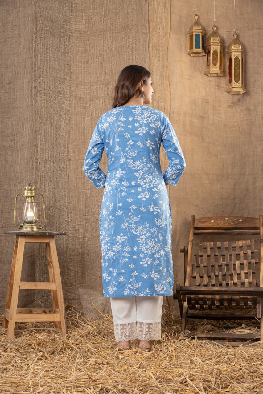 MUMZHUG Blue Meadow Pure Cotton Feeding Kurta & Pant Set
