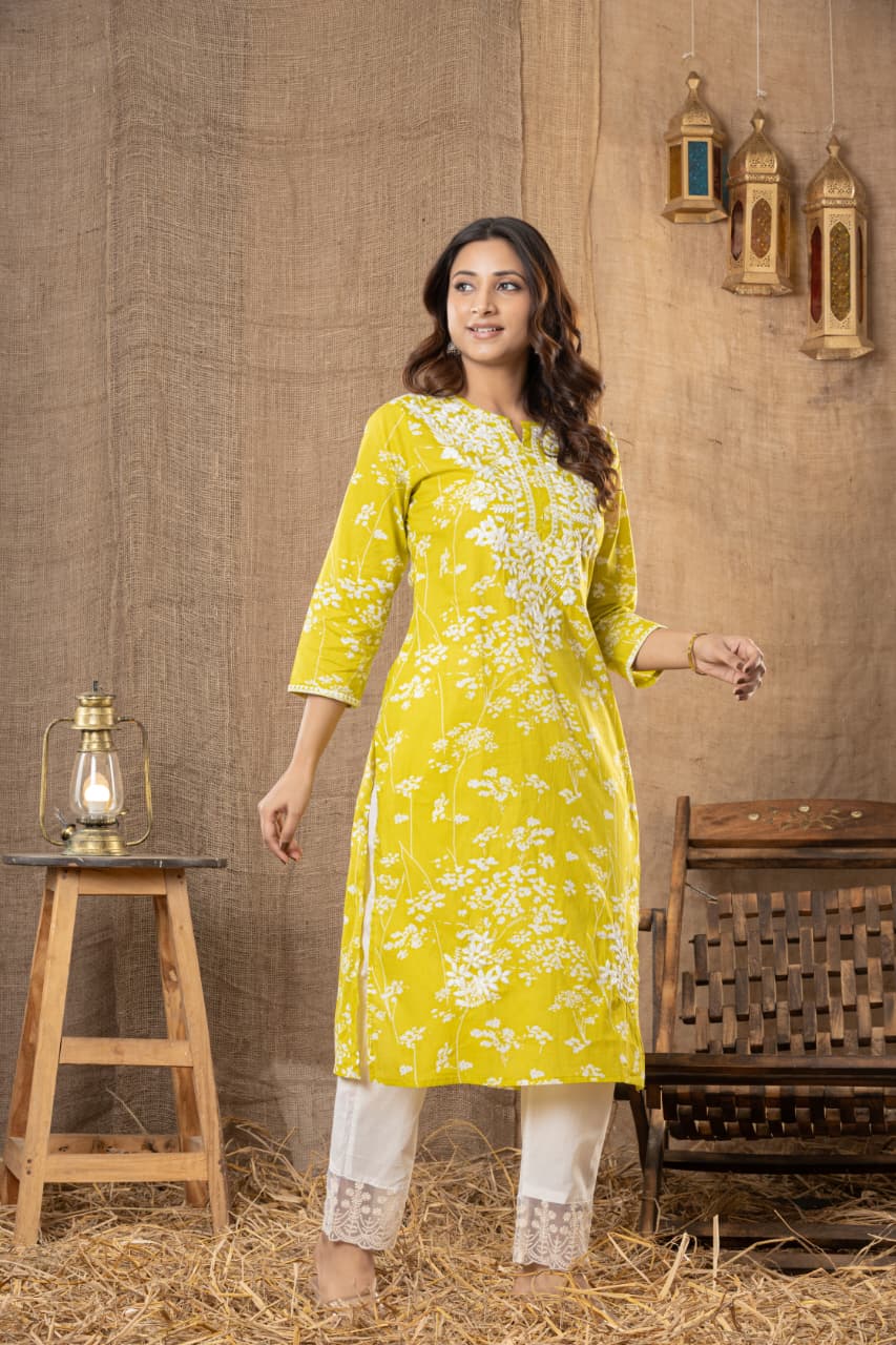 MUMZHUG Lime Whisper™ Pure Cotton Lime Green Embroidered Feeding Kurta & Pant Set for Women | Soft Nursing Wear