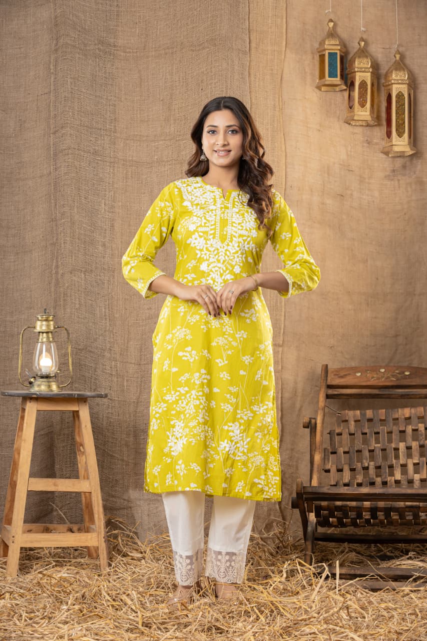 MUMZHUG Lime Whisper™ Pure Cotton Lime Green Embroidered Feeding Kurta & Pant Set for Women | Soft Nursing Wear