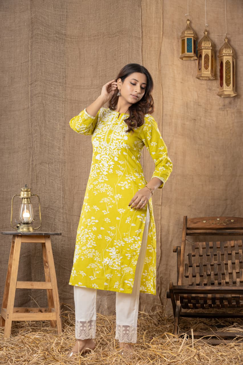 MUMZHUG Lime Whisper™ Pure Cotton Lime Green Embroidered Feeding Kurta & Pant Set for Women | Soft Nursing Wear