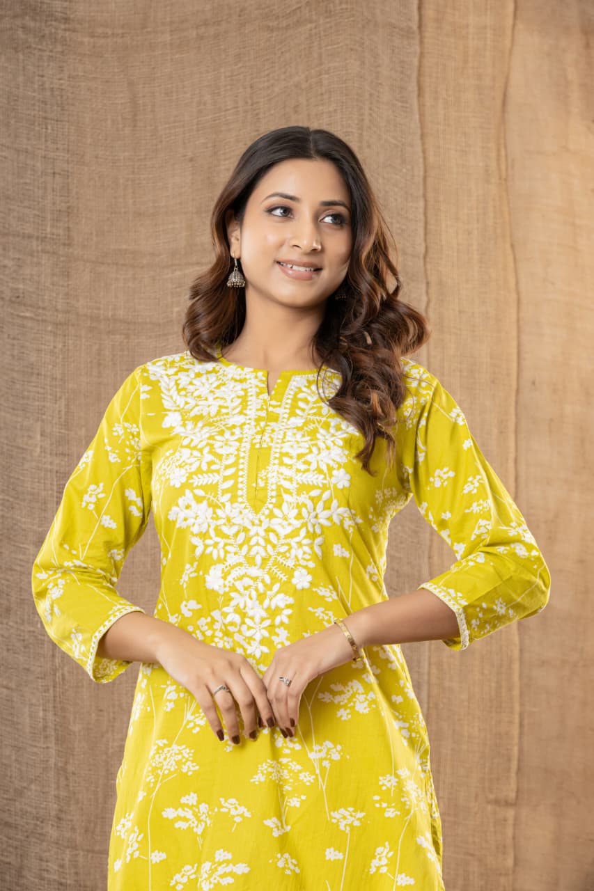 MUMZHUG Lime Whisper™ Pure Cotton Lime Green Embroidered Feeding Kurta & Pant Set for Women | Soft Nursing Wear