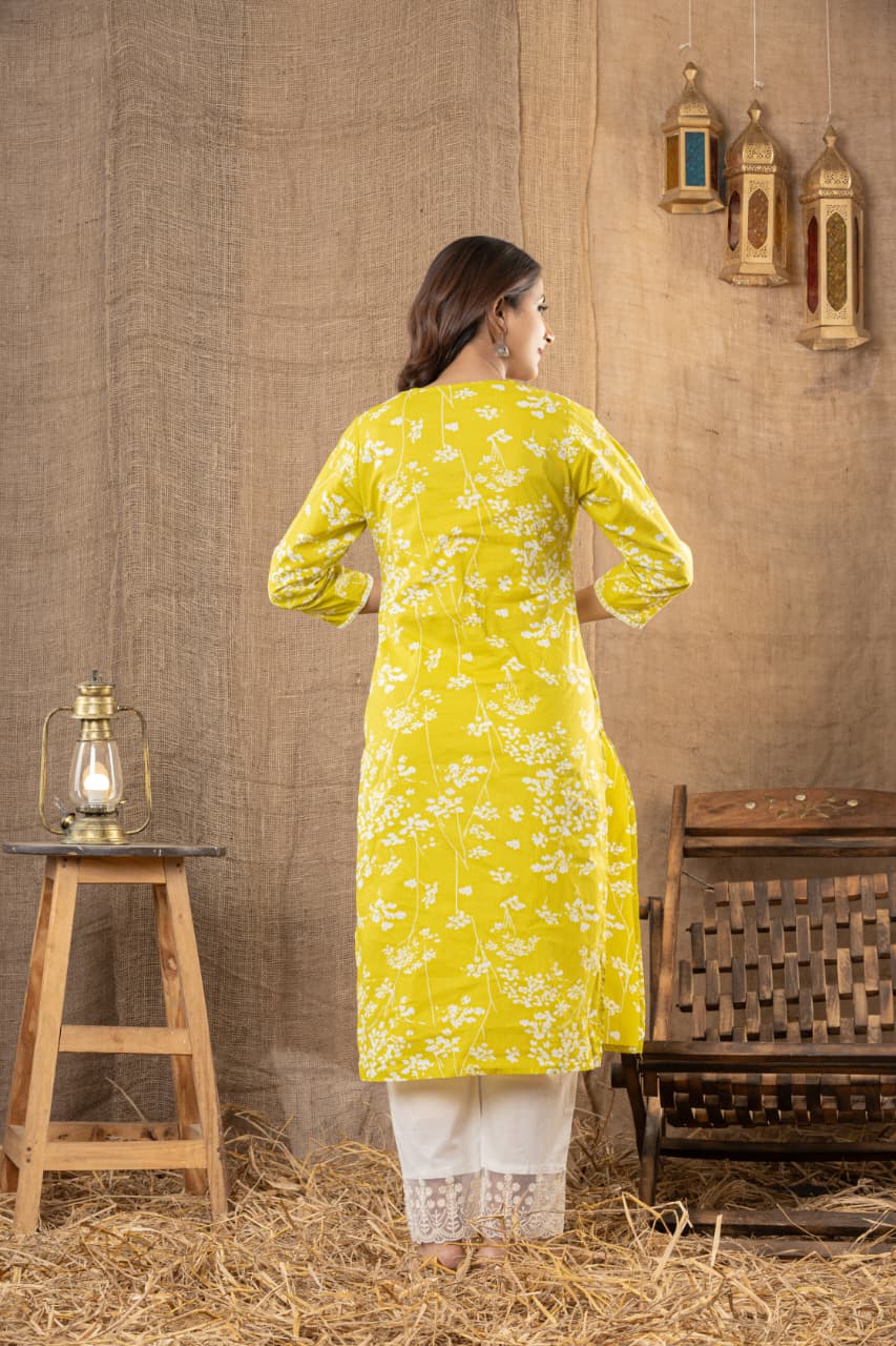 MUMZHUG Lime Whisper™ Pure Cotton Lime Green Embroidered Feeding Kurta & Pant Set for Women | Soft Nursing Wear