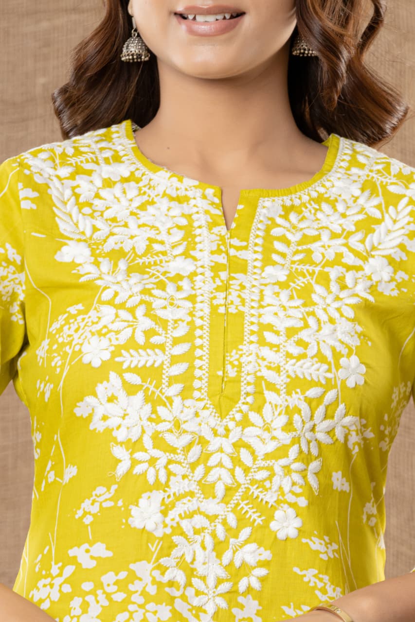 MUMZHUG Lime Whisper™ Pure Cotton Lime Green Embroidered Feeding Kurta & Pant Set for Women | Soft Nursing Wear