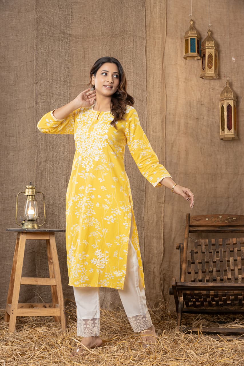 MUMZHUG Sunlit Bloom™ Pure Cotton Mustard Yellow Embroidered Feeding Kurta & Pant Set for Women | Soft Nursing Wear