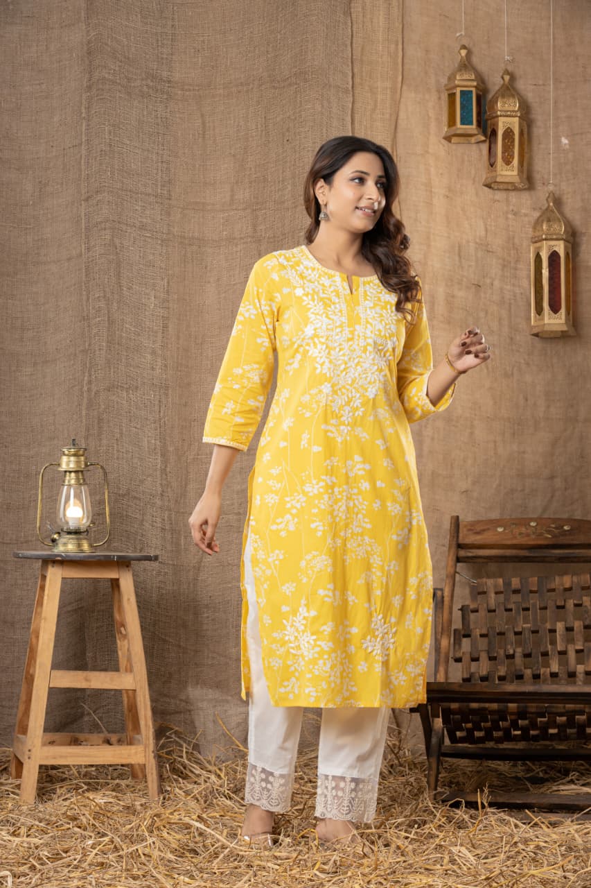 MUMZHUG Sunlit Bloom™ Pure Cotton Mustard Yellow Embroidered Feeding Kurta & Pant Set for Women | Soft Nursing Wear