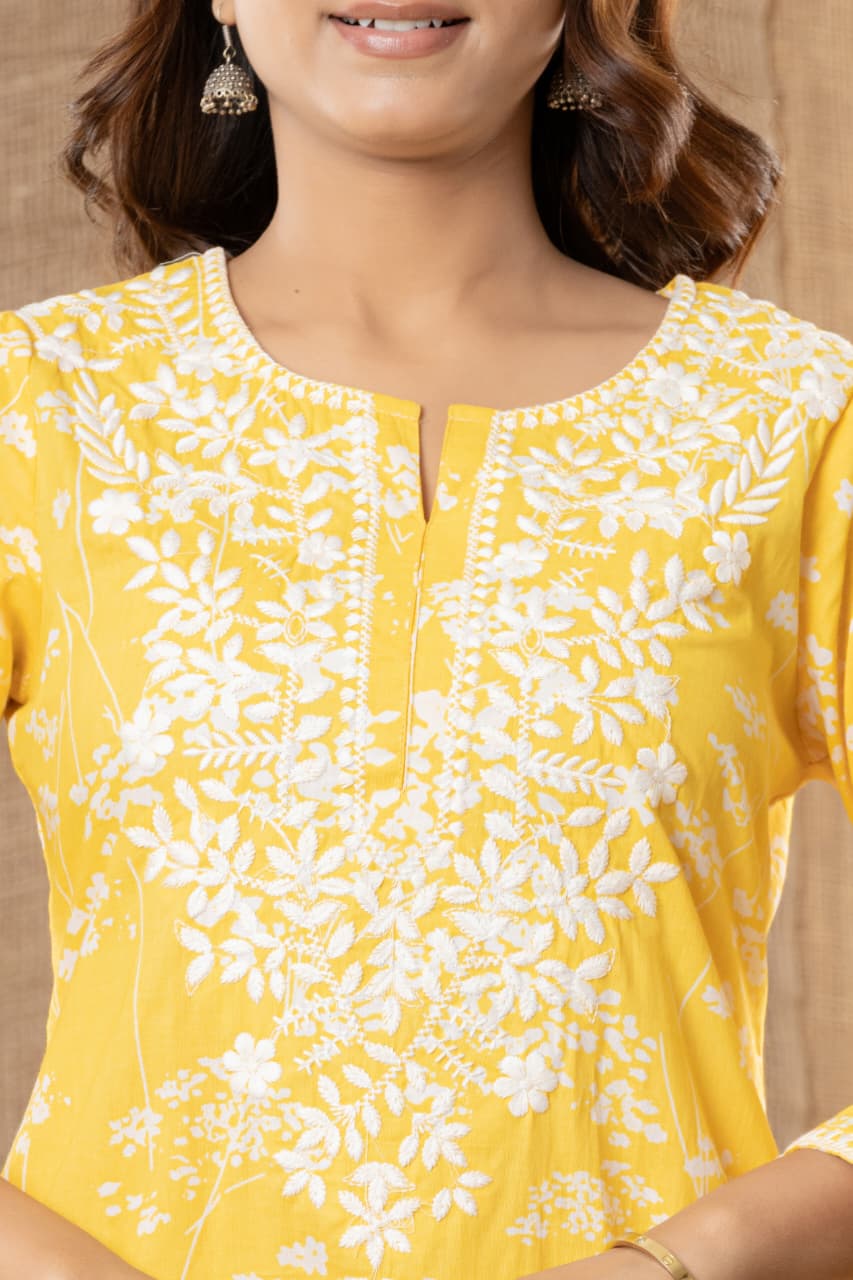 MUMZHUG Sunlit Bloom™ Pure Cotton Mustard Yellow Embroidered Feeding Kurta & Pant Set for Women | Soft Nursing Wear
