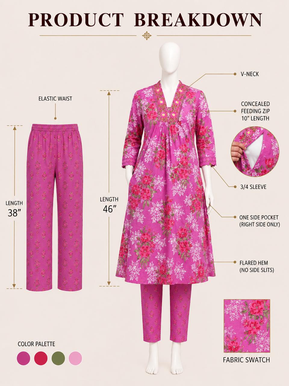 Lavender Jaipuri Print Cotton Maternity & Feeding Kurta Pant Set with Dupatta – Mumzhug Ethnic Wear-DISPATCHING ON 25TH JULY