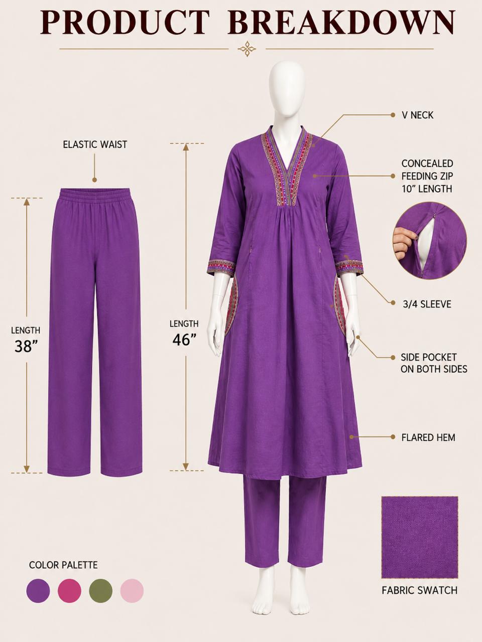 Mumzhug Lavender Pure Cotton Embroidered Feeding & Maternity Kurta Pant with Dupatta Set