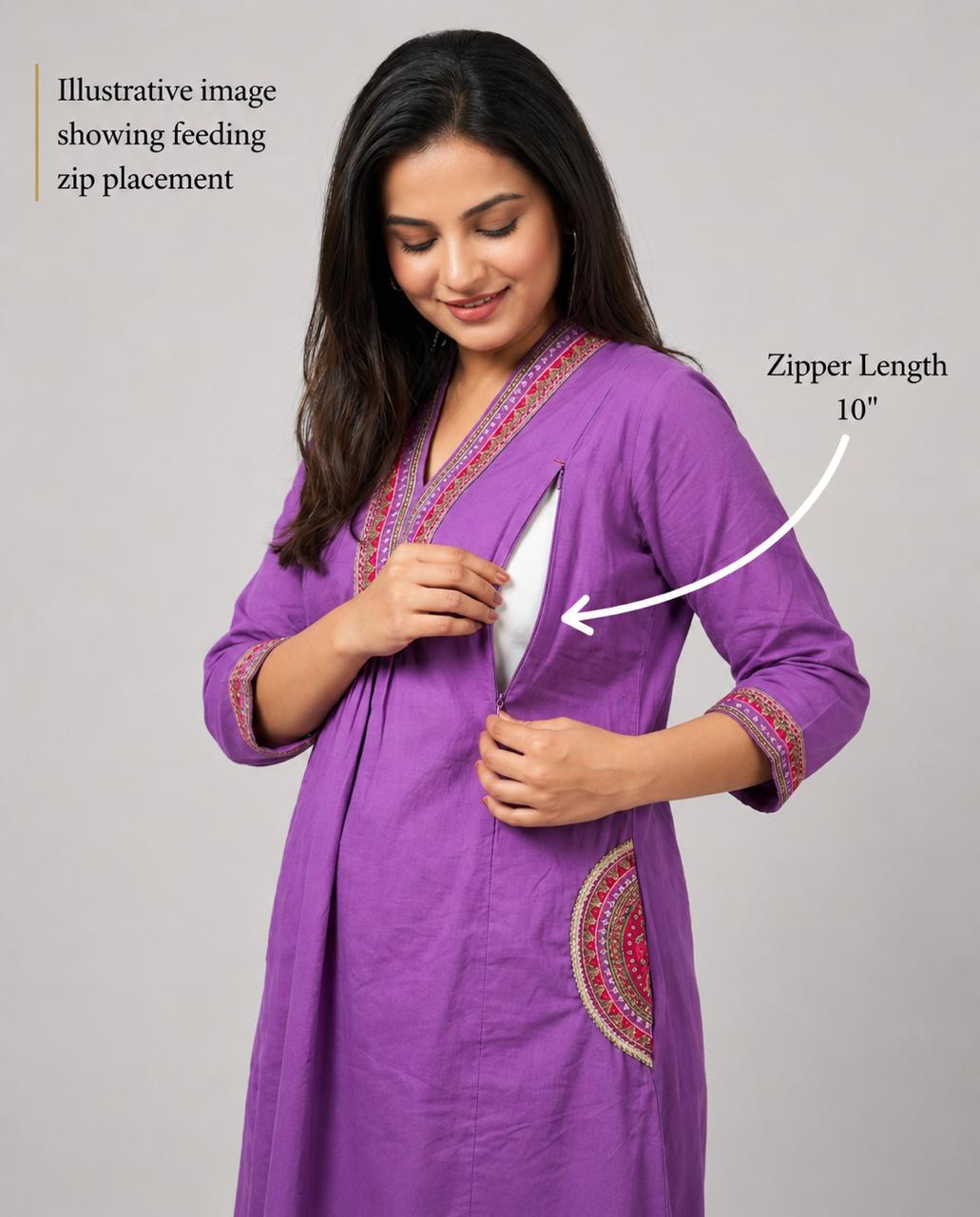 Mumzhug Lavender Pure Cotton Embroidered Feeding & Maternity Kurta Pant with Dupatta Set