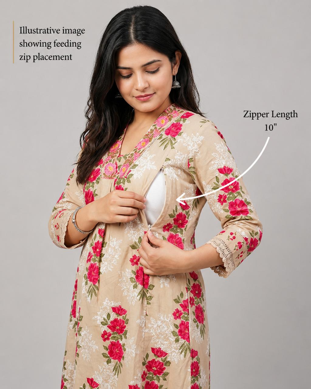 Beige Jaipuri Print Cotton Maternity & Feeding Kurta Pant Set with Dupatta – Mumzhug Ethnic Wear