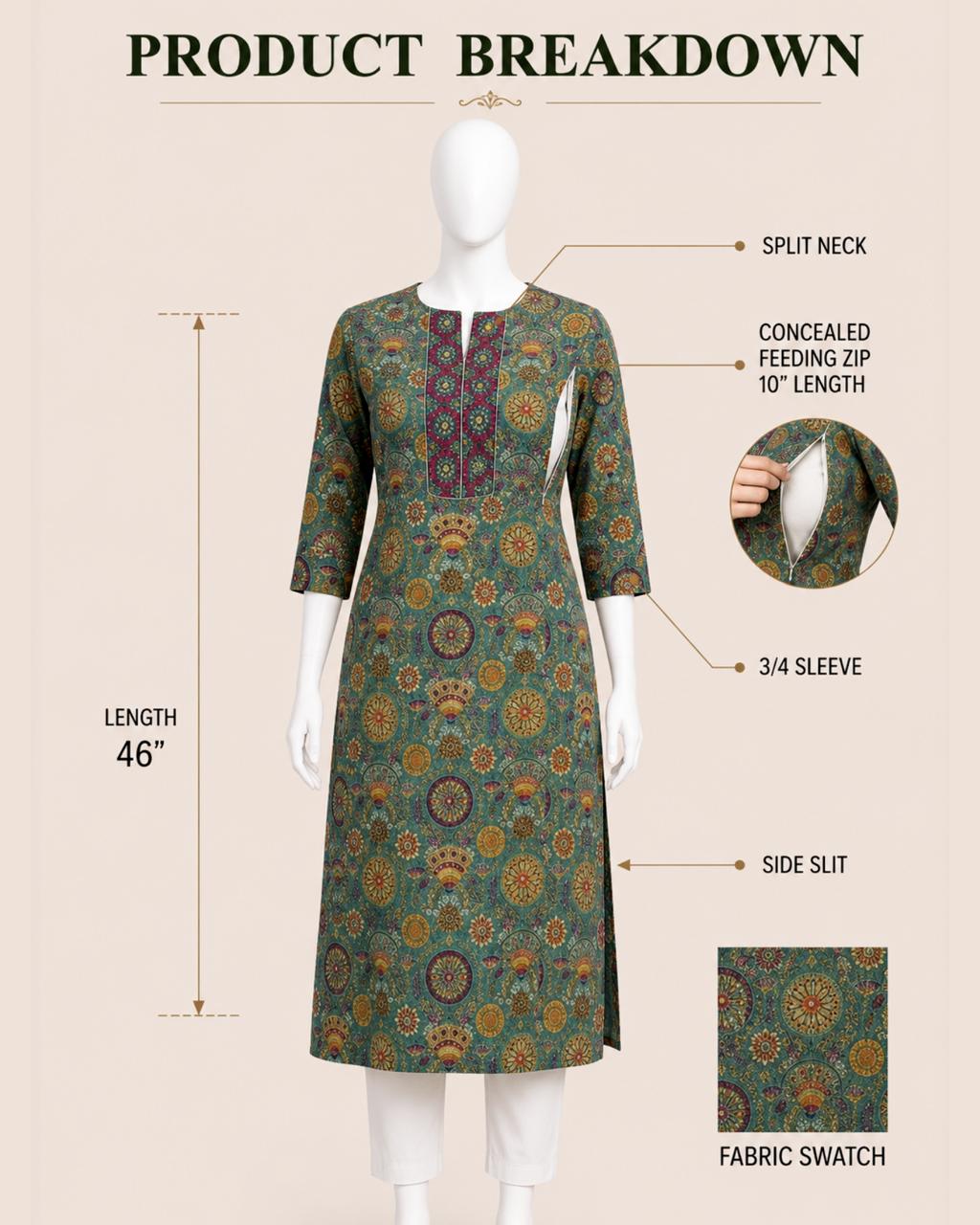 MUMZHUG Pure Cotton Jaipuri Print Feeding Kurta – Emerald Green | Maternity & Nursing Wear