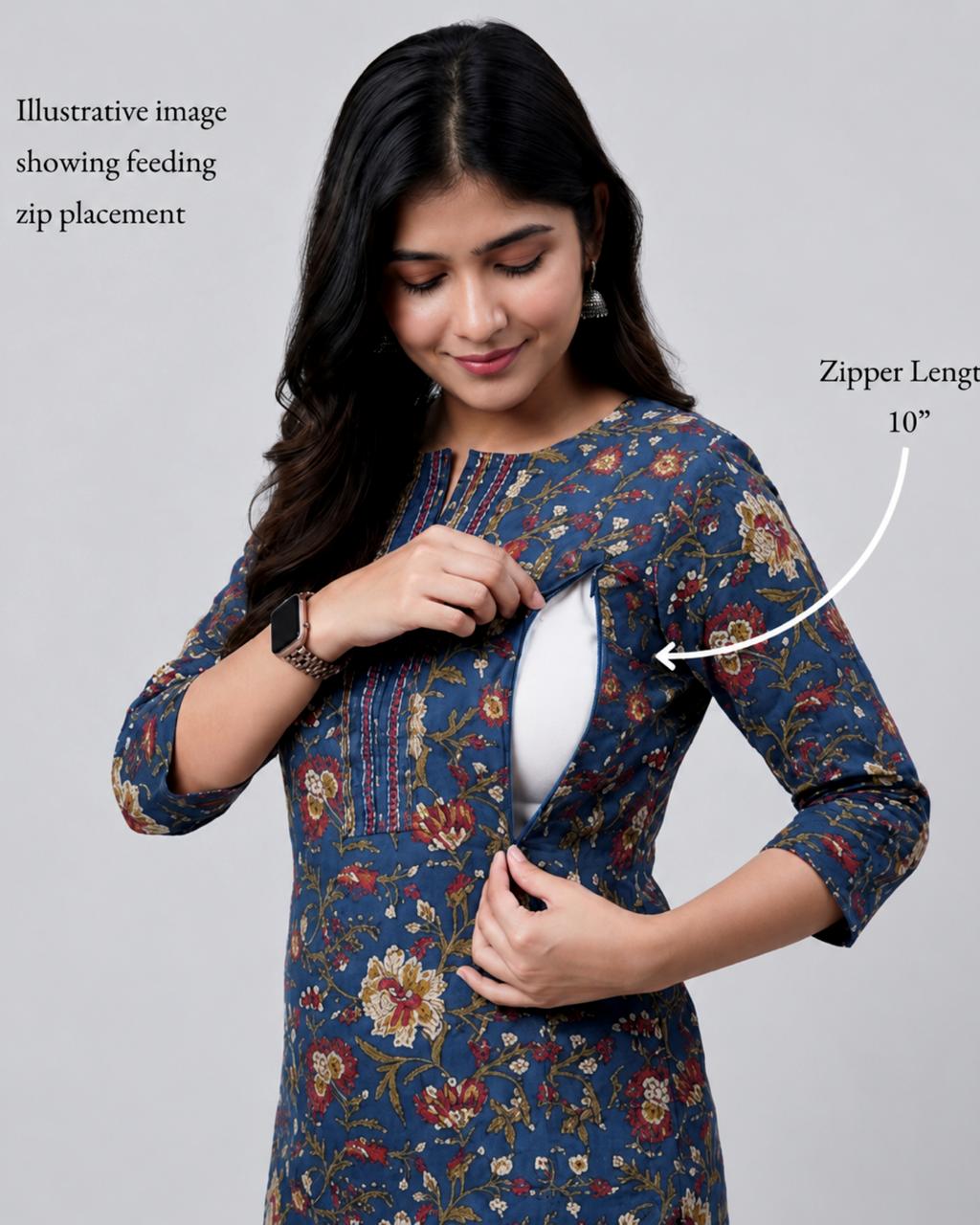 MUMZHUG Pure Cotton Jaipuri Print Feeding Kurta – Indigo Blue Floral | Maternity & Nursing Wear