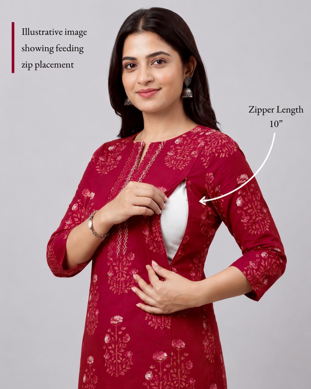 MUMZHUG Pure Cotton Jaipuri Print Feeding Kurta – Red Floral | Maternity & Nursing Wear