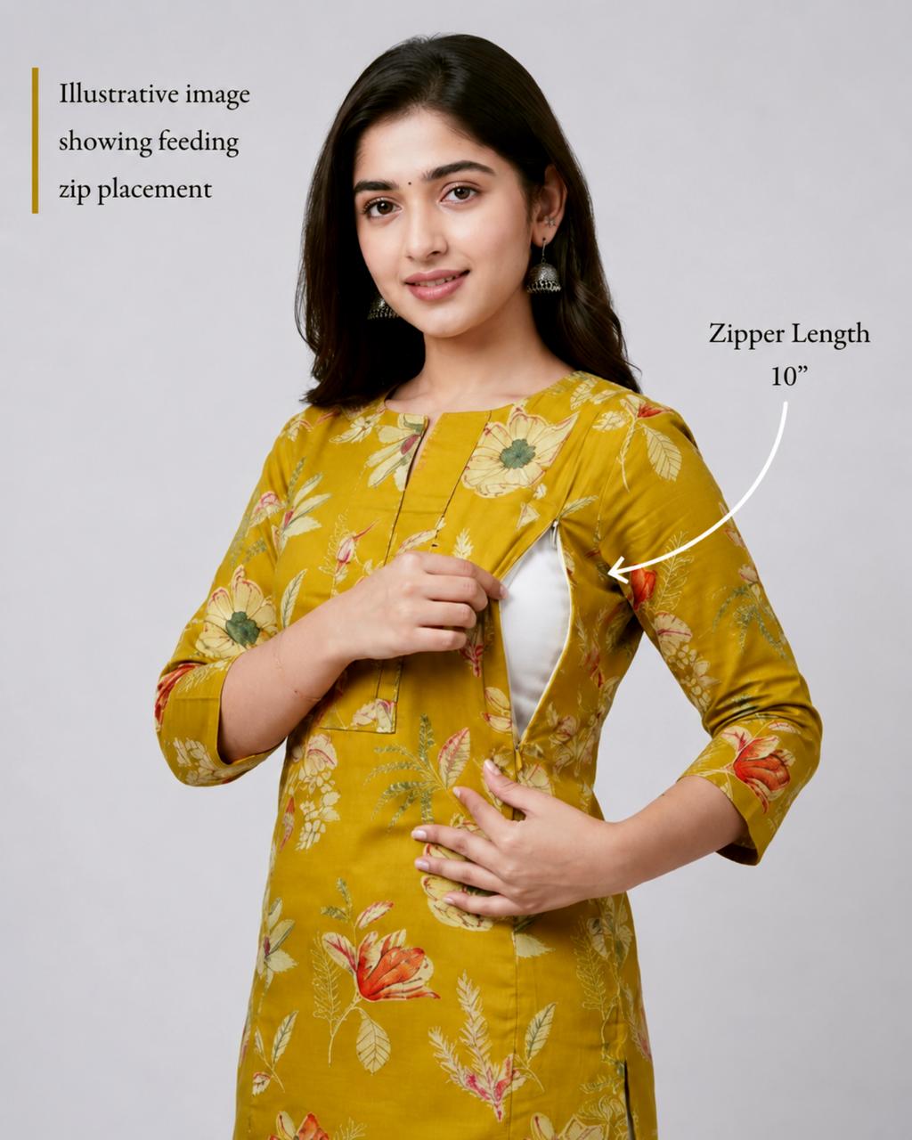 MUMZHUG Pure Cotton Jaipuri Print Feeding Kurta – Sunshine Yellow | Maternity & Nursing Wear
