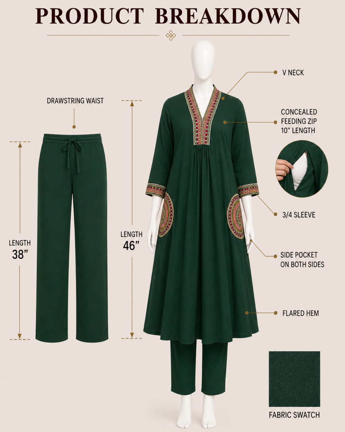 MUMZHUG Pure Cotton Bottle Green Embroidered Feeding & Maternity Kurta Pant with Chiffon Dupatta Set | Premium Nursing Wear | dispatch starts from-10TH OCTOBER