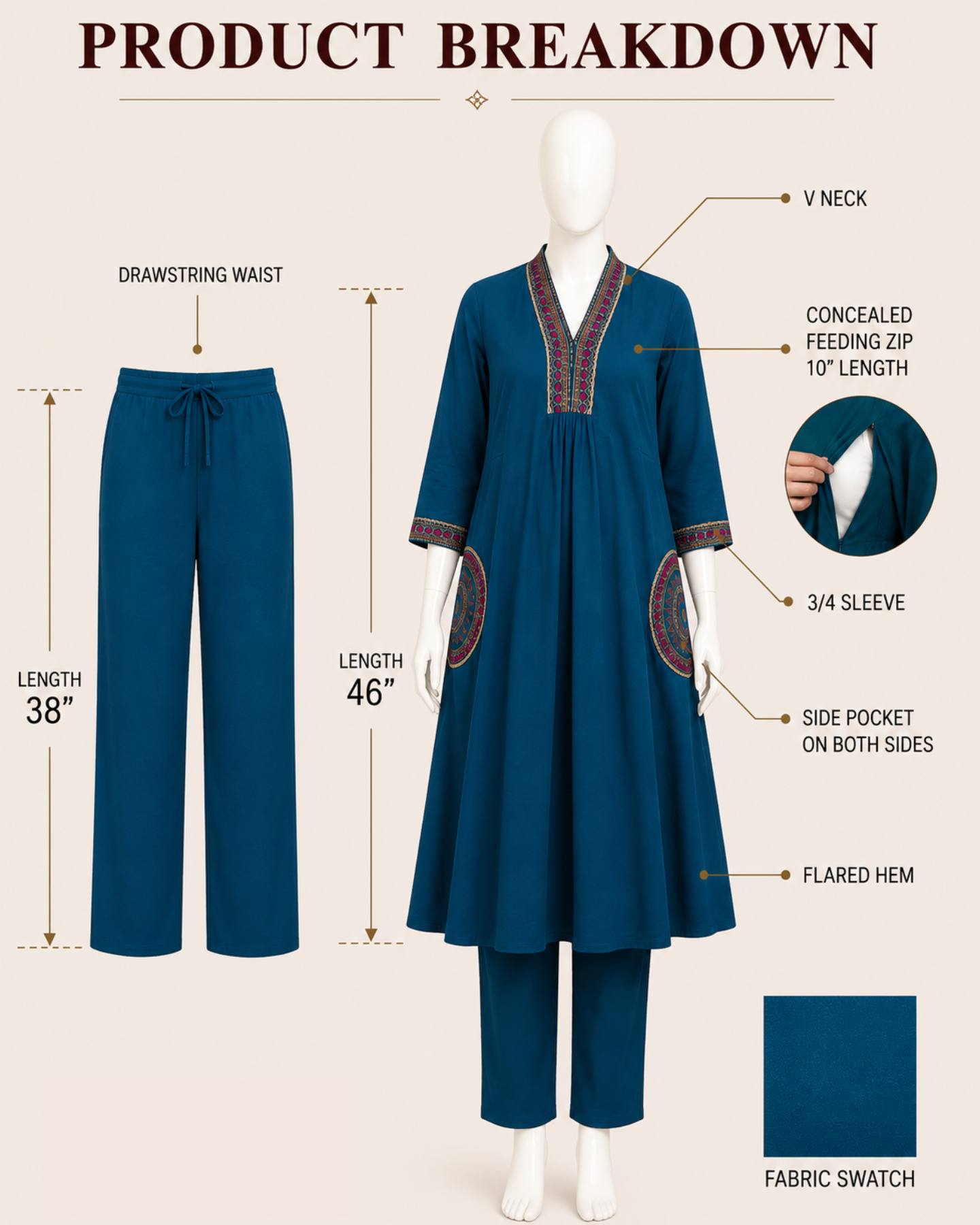 MUMZHUG Pure Cotton Blue Embroidered Feeding & Maternity Kurta Pant with Chiffon Dupatta Set | Nursing Wear for Moms | Rakhi Collection | Dispatch Starts from 22th August