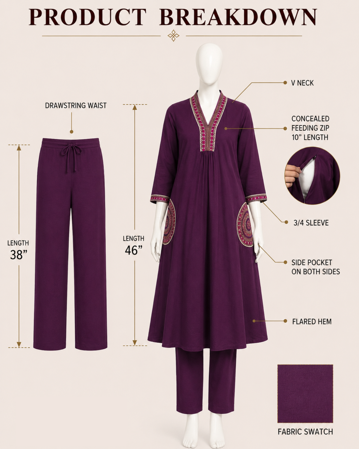 MUMZHUG Pure Cotton Wine Embroidered Feeding & Maternity Kurta Pant with Chiffon Dupatta Set | Nursing Wear for Moms | Dispatch Starts from 10TH OCTOBER
