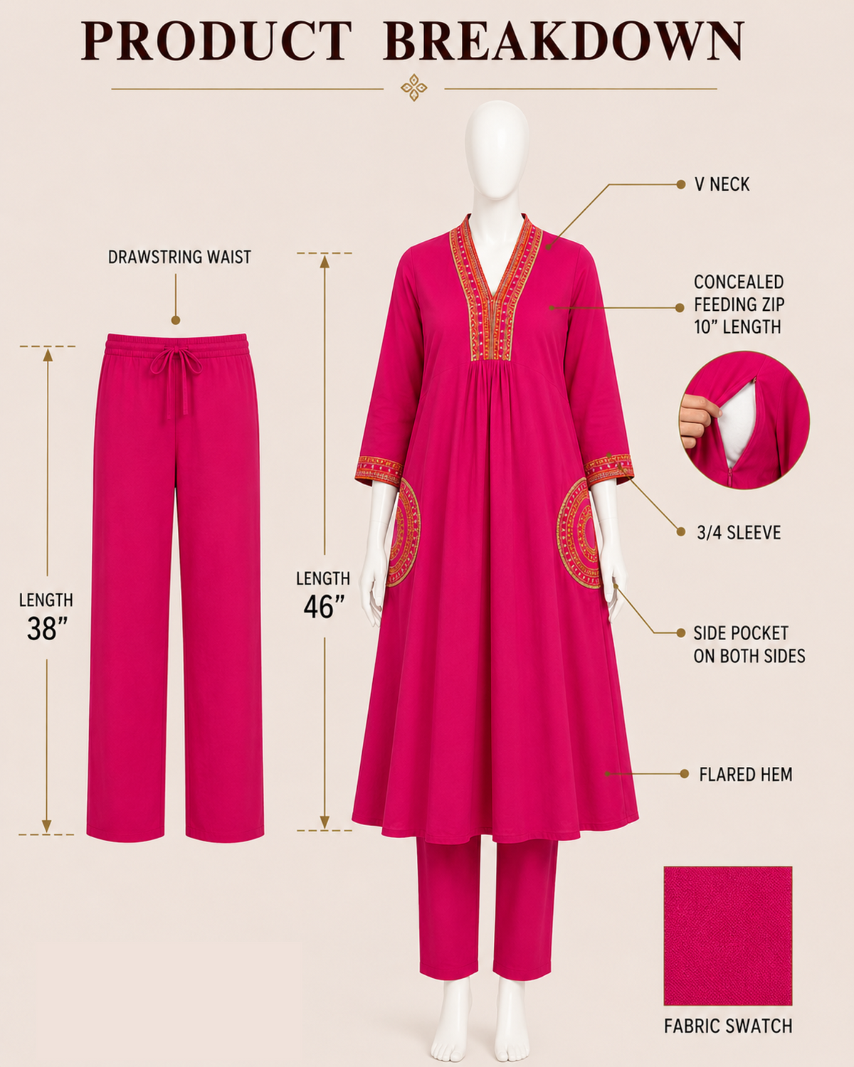 MUMZHUG Pure Cotton Fuchsia Embroidered Feeding & Maternity Kurta Pant with Chiffon Dupatta Set | Soft Nursing Wear | Ready to ship