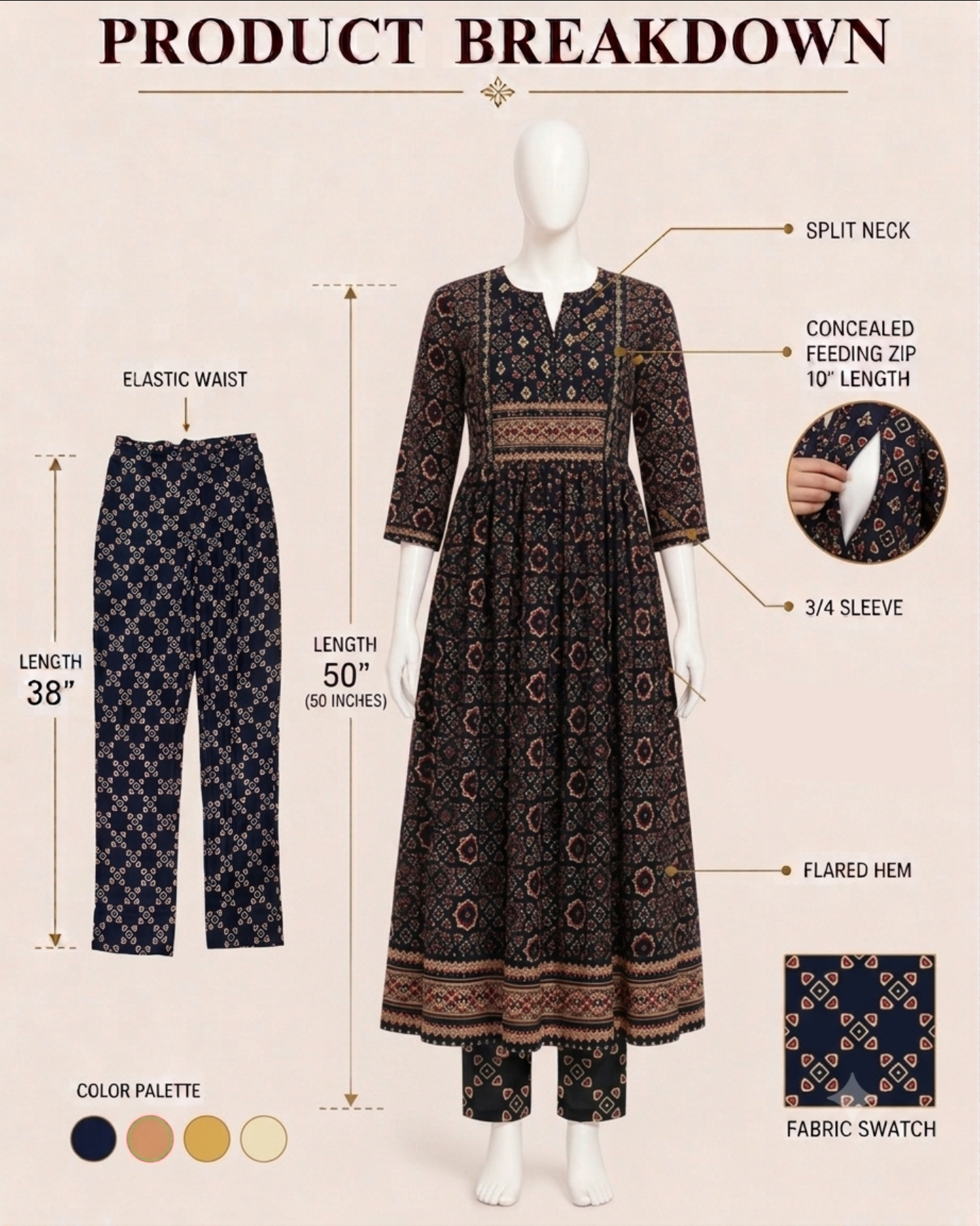 Mumzhug Midnight Bloom Black Pure Cotton Jaipuri Print Embroidered Feeding & Maternity Anarkali Set
