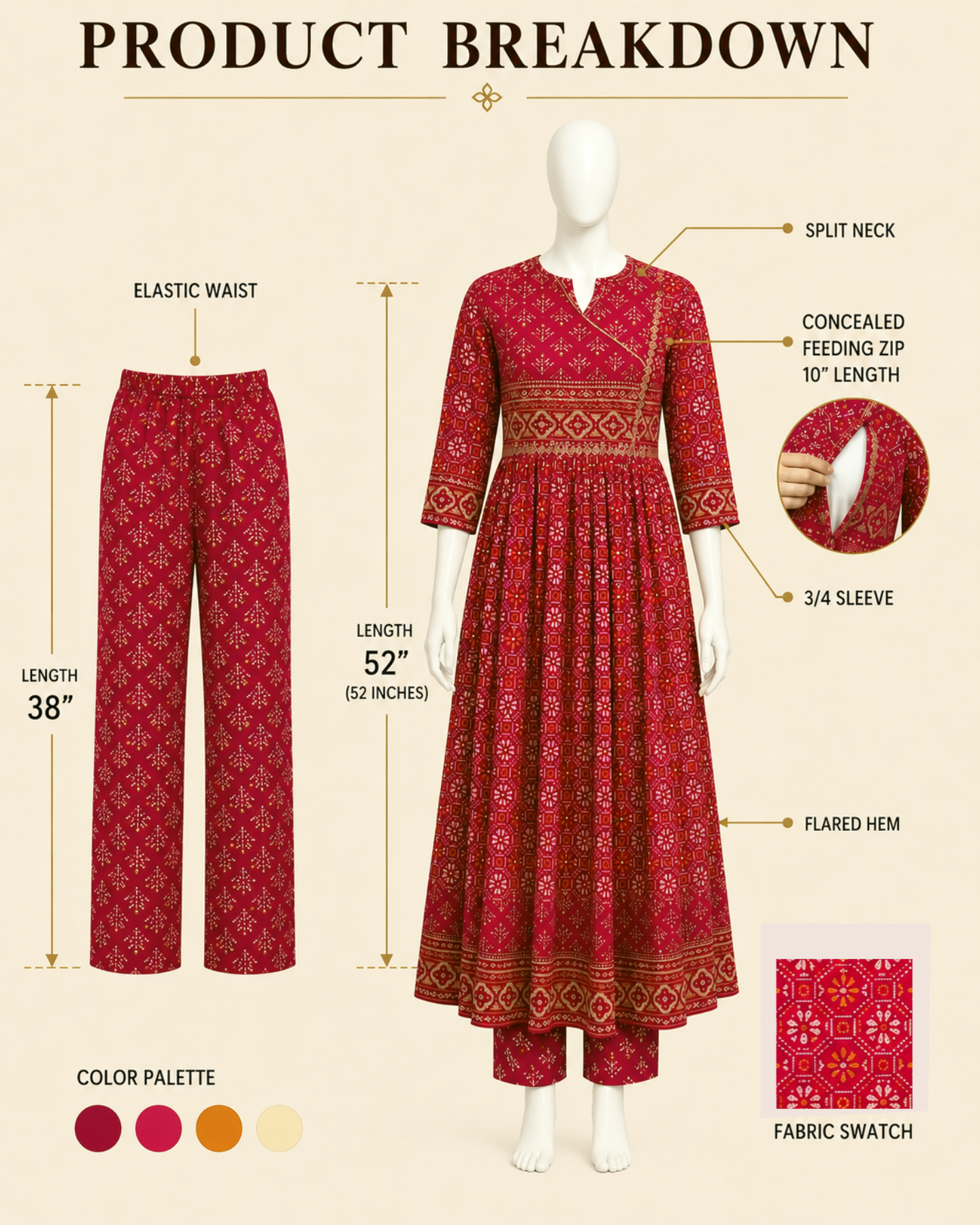 Mumzhug Rani Blossom Fuchsia Pure Cotton Jaipuri Print Embroidered Feeding & Maternity Anarkali Set