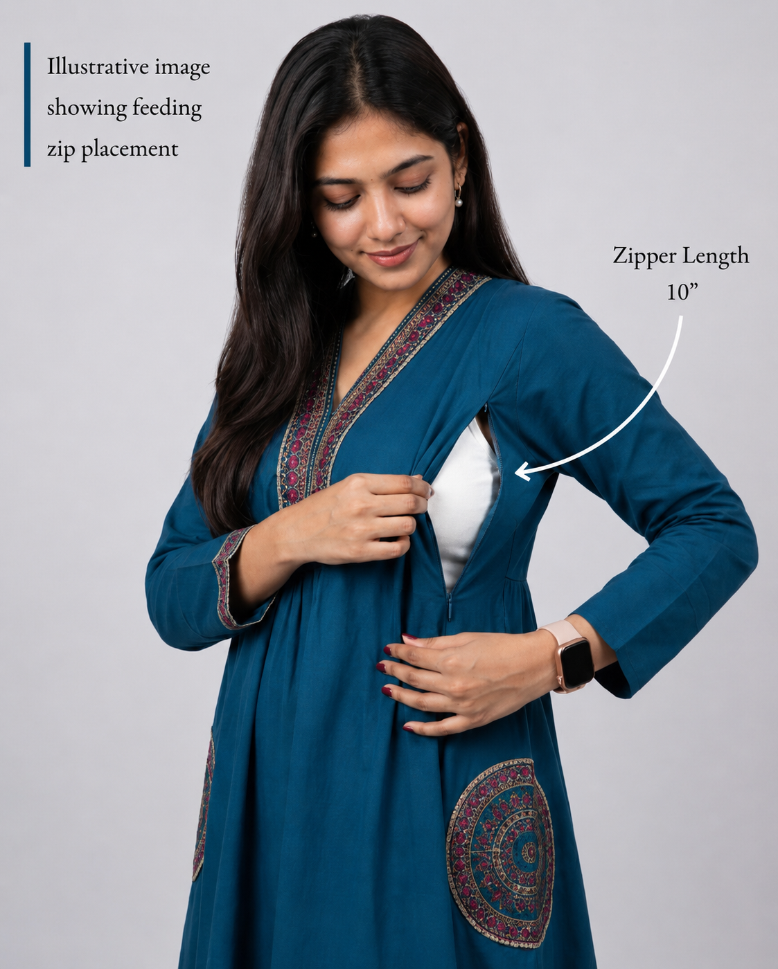MUMZHUG Pure Cotton Blue Embroidered Feeding & Maternity Kurta Pant with Chiffon Dupatta Set | Nursing Wear for Moms | Rakhi Collection | Dispatch Starts from 7th August