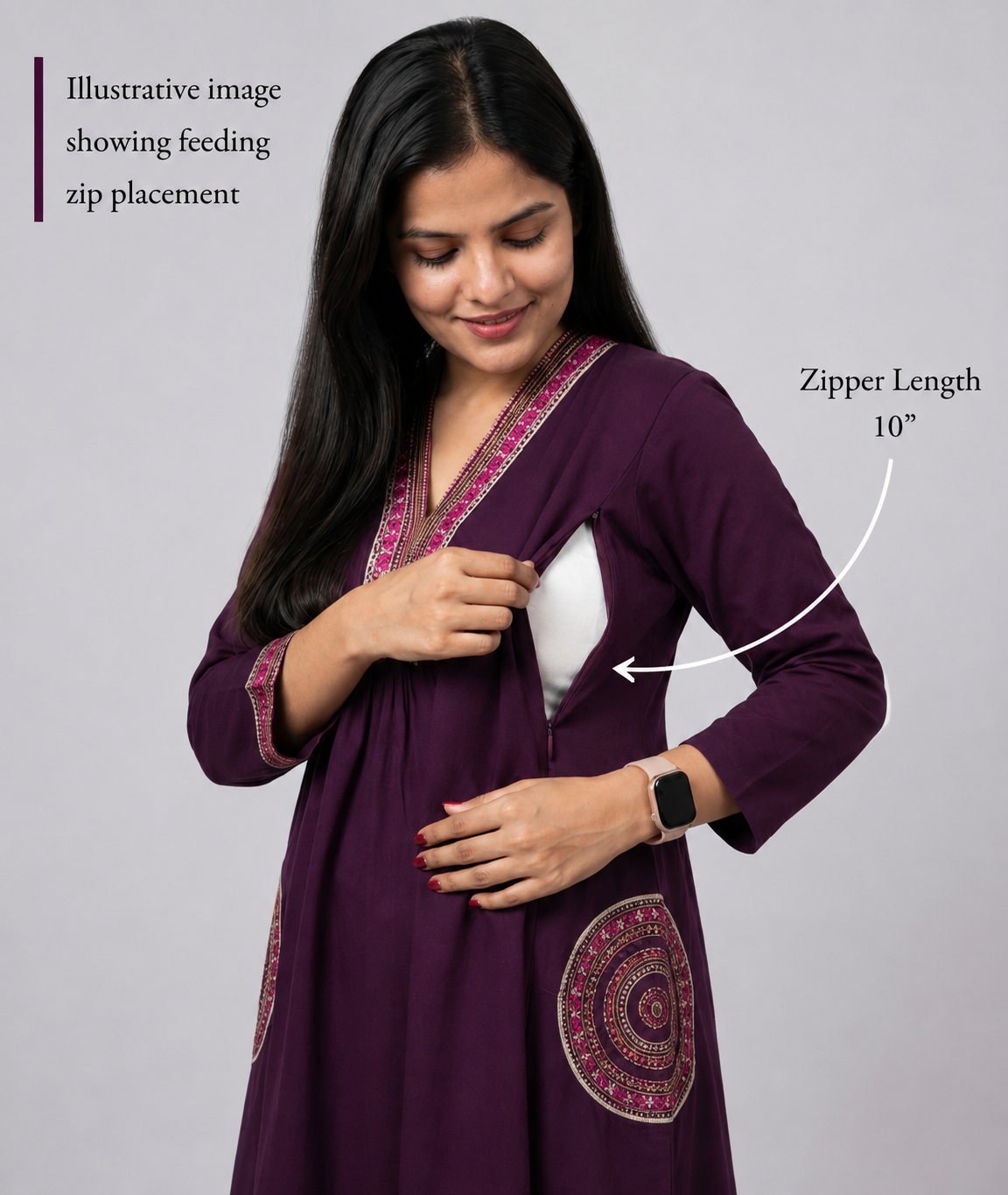 MUMZHUG Pure Cotton Wine Embroidered Feeding & Maternity Kurta Pant with Chiffon Dupatta Set | Nursing Wear for Moms | Rakhi Collection | Dispatch Starts from 7th August